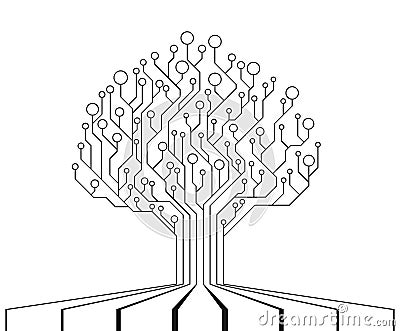 Circuit Board Tree. Technology CPU, Microprocessor Interface Vector Illustration